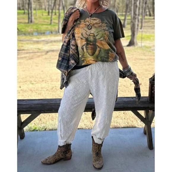 Jaded Gypsy Pants - JADED GYPSY - Diamond in the Rough Joggers in white embroidered thick satiny